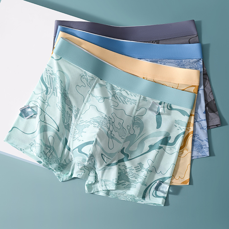 Muške boxerice Ice Silk od poliestera, srednji pojas, prozračne, 7A antibakterijska obrada, geometrijski uzorak, ljeto