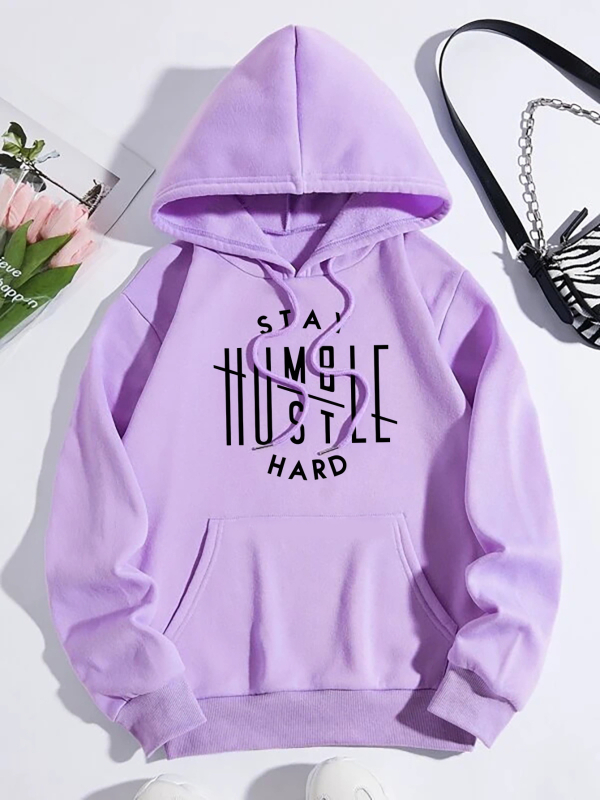 Ženski flis hoodie s kapuljom, jednobojna boja, natpis slovima, džep kengura i vezice