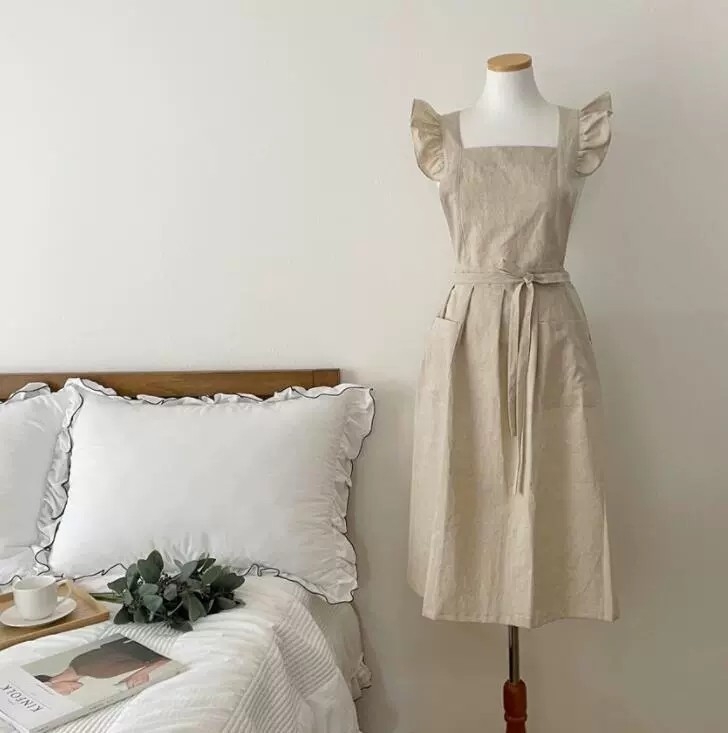 Koreanski stil svakodnevna pamučna kuhinjska pregača, bez rukava, otporna na mrlje, jednofarbna, moderan minimalistički dizajn.