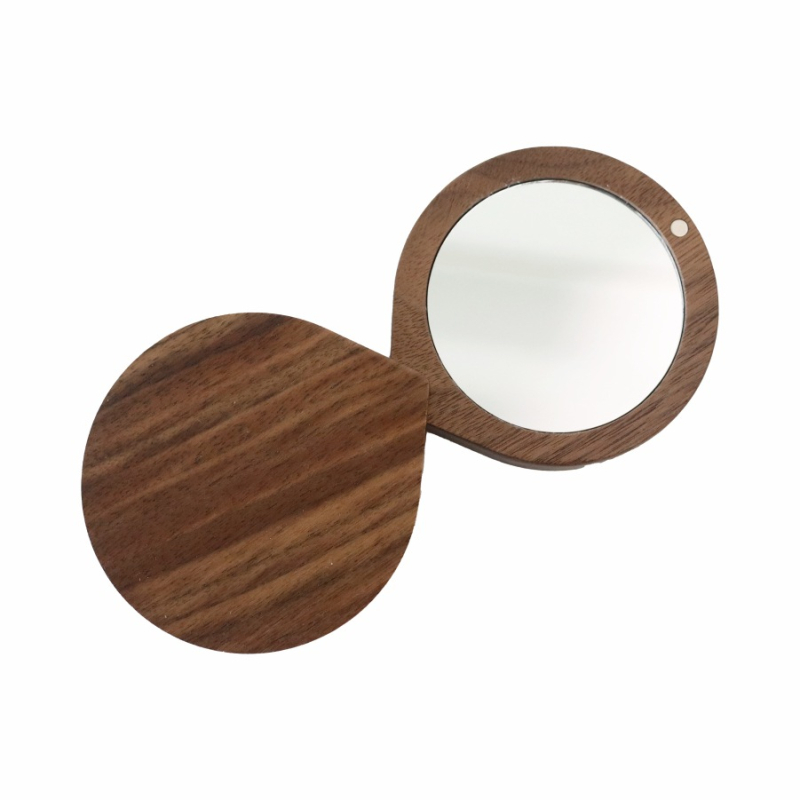 Prijenosno ogledalo za šminku od masivnog crnog orašastog drveta, minimalističko mini, s kliznim poklopcem i sklopivim dizajnom; mogućnost otiska logotipa