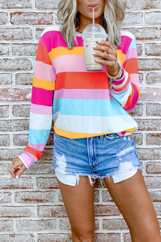 Ženski pulover s dugim rukavima, okrugli izrez, tie-dye otisak i šarene pruge