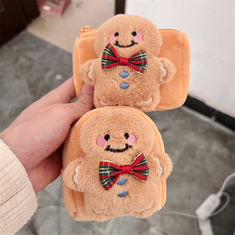 Plišani Gingerbread Man novčanik za kovance – kvadratni, slatki crtani dizajn, okrugla kutija za slušalice, prijenosna mini torbica