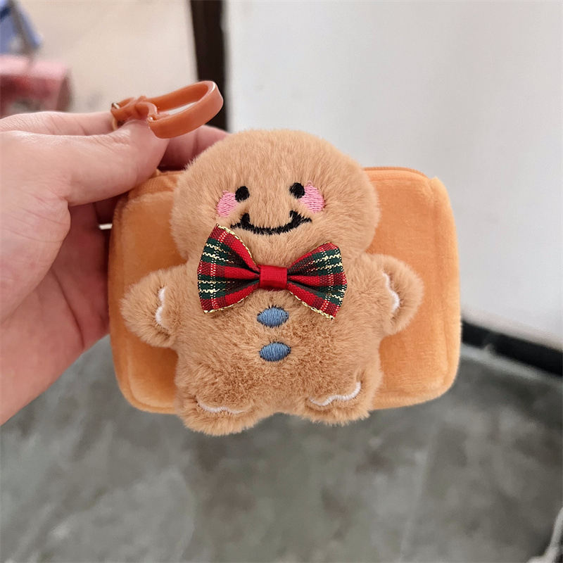 Plišani Gingerbread Man novčanik za kovance – kvadratni, slatki crtani dizajn, okrugla kutija za slušalice, prijenosna mini torbica