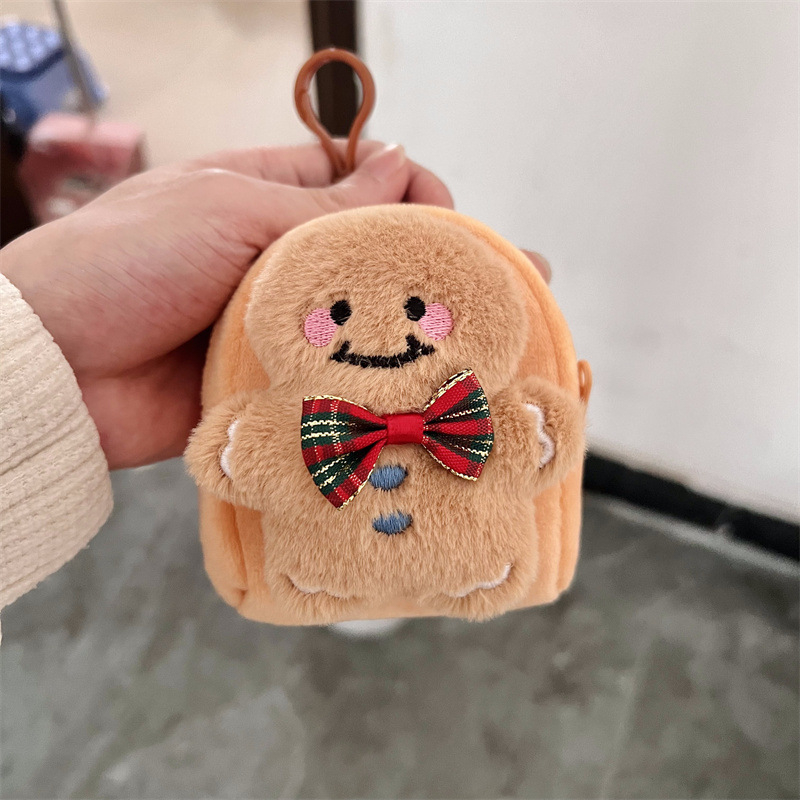 Plišani Gingerbread Man novčanik za kovance – kvadratni, slatki crtani dizajn, okrugla kutija za slušalice, prijenosna mini torbica