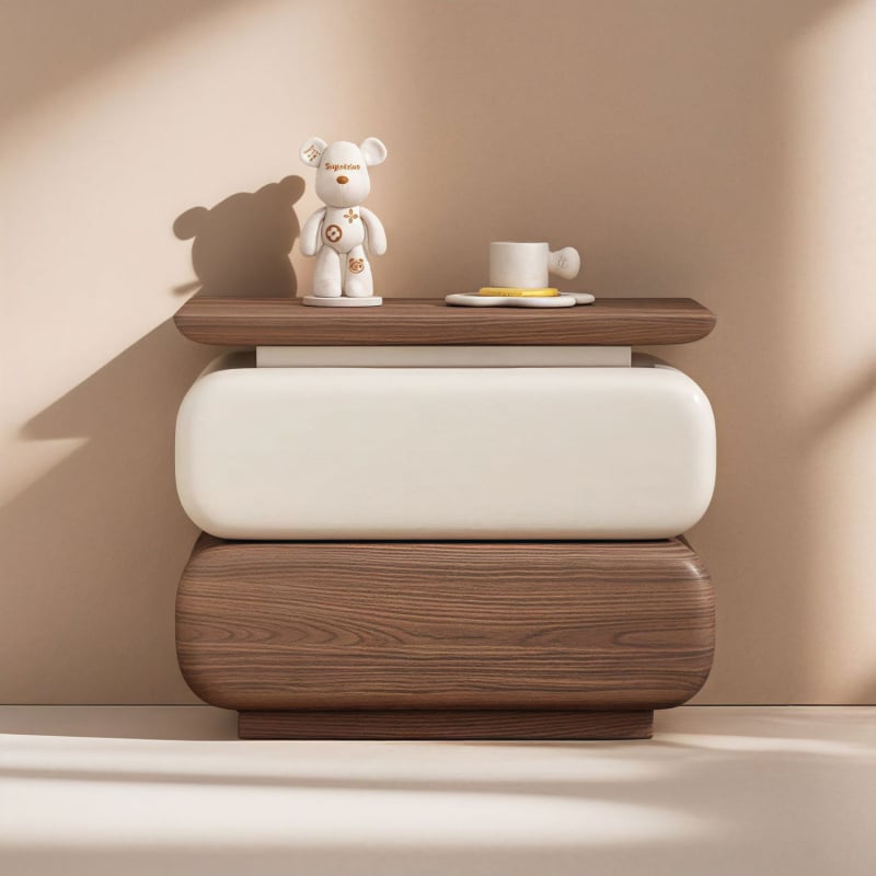 Masívny drevený nočný stolík s kamennou doskou, inšpirovaný štýlom stredného storočia, moderný minimalistický dizajn, spálňové úložisko