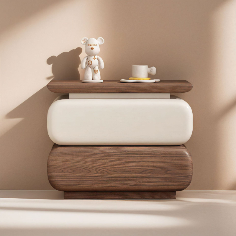 Masívny drevený nočný stolík s kamennou doskou, inšpirovaný štýlom stredného storočia, moderný minimalistický dizajn, spálňové úložisko