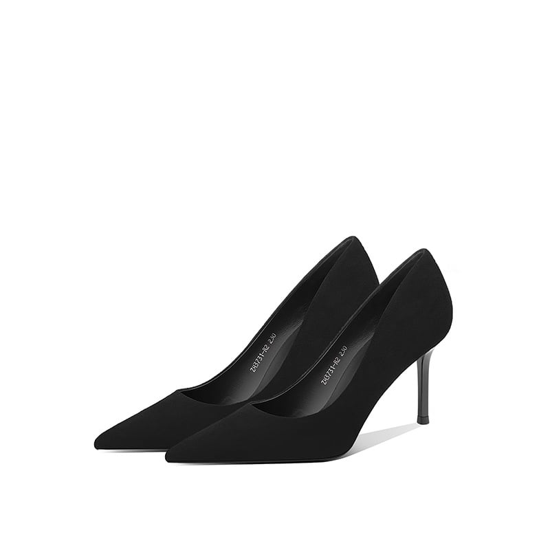 Baka Fu női irodai cipő, fekete velúr, hegyes orrú, 6-8 cm-es sarok, formális viselet
