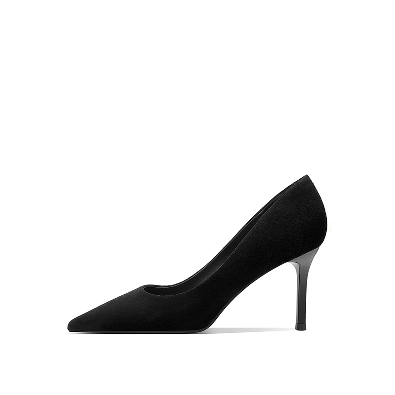 Baka Fu női irodai cipő, fekete velúr, hegyes orrú, 6-8 cm-es sarok, formális viselet