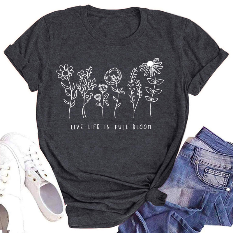 Ženski pamuk T-shirt s otiskom toplinskog transfera, kratki rukav, okrugli izrez, ležeran kroj, ljeto 2024