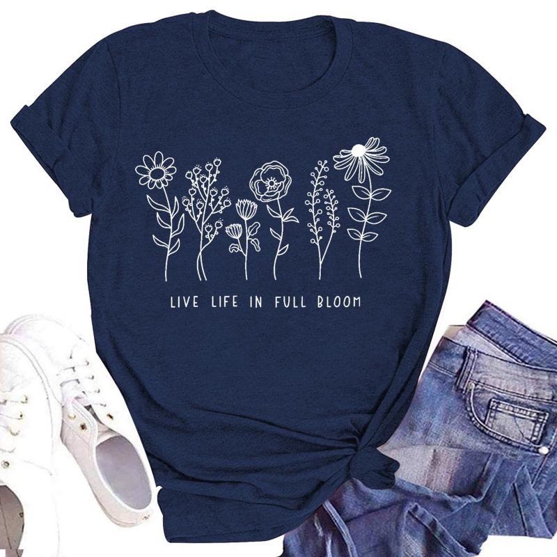 Ženski pamuk T-shirt s otiskom toplinskog transfera, kratki rukav, okrugli izrez, ležeran kroj, ljeto 2024