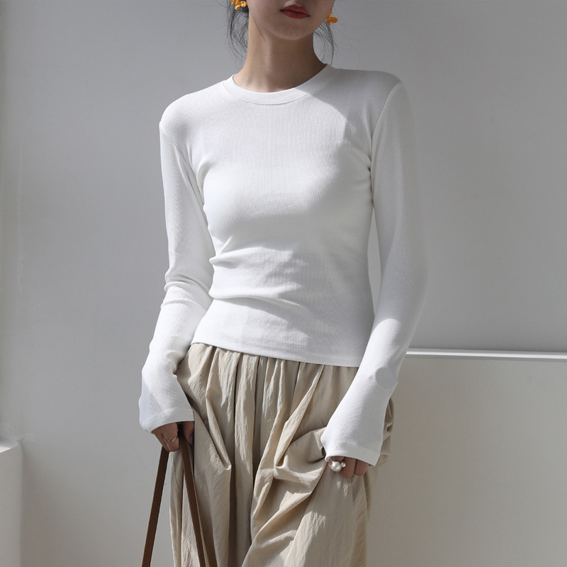 Ženska pamučna majica s dugim rukavima, flis podstava, zimska 2025, uski kroj, bijela