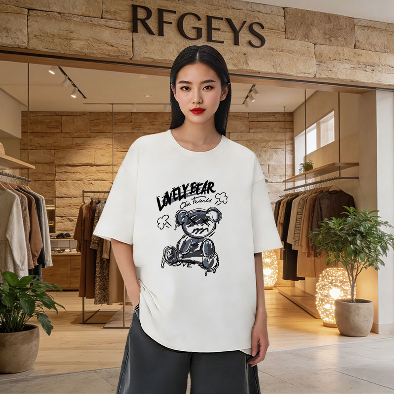 Ženski oversize kratkih rukava T‑shirt – korejski stil, otisak medvjeda, srednja duljina, okrugli izrez