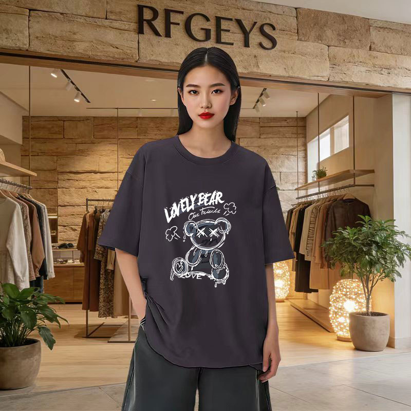 Ženski oversize kratkih rukava T‑shirt – korejski stil, otisak medvjeda, srednja duljina, okrugli izrez
