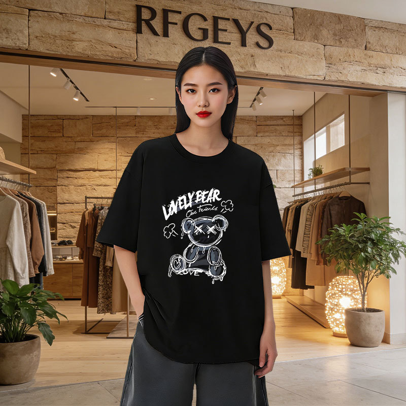 Ženski oversize kratkih rukava T‑shirt – korejski stil, otisak medvjeda, srednja duljina, okrugli izrez