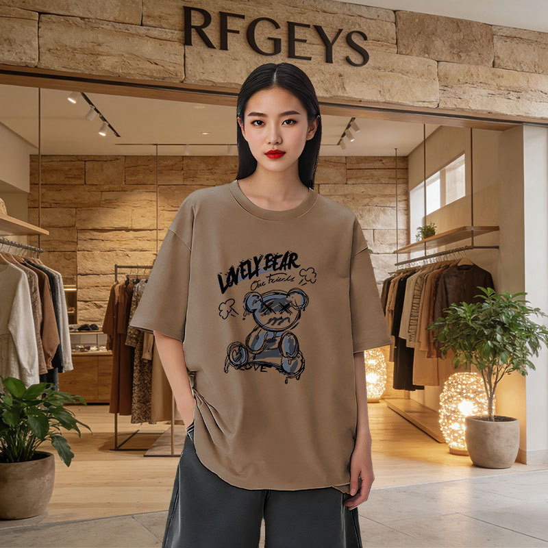 Ženski oversize kratkih rukava T‑shirt – korejski stil, otisak medvjeda, srednja duljina, okrugli izrez