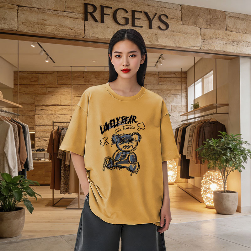 Ženski oversize kratkih rukava T‑shirt – korejski stil, otisak medvjeda, srednja duljina, okrugli izrez