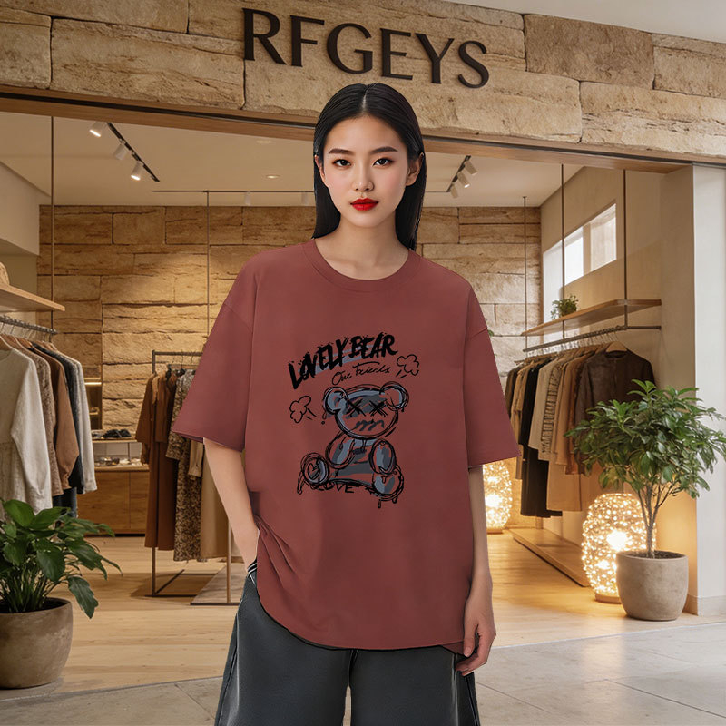 Ženski oversize kratkih rukava T‑shirt – korejski stil, otisak medvjeda, srednja duljina, okrugli izrez