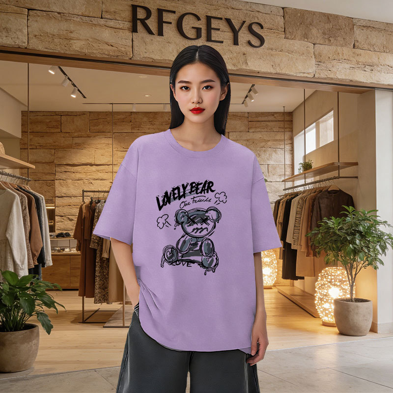 Ženski oversize kratkih rukava T‑shirt – korejski stil, otisak medvjeda, srednja duljina, okrugli izrez