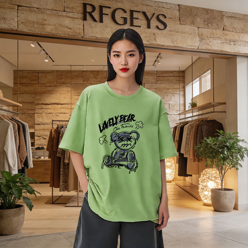 Ženski oversize kratkih rukava T‑shirt – korejski stil, otisak medvjeda, srednja duljina, okrugli izrez