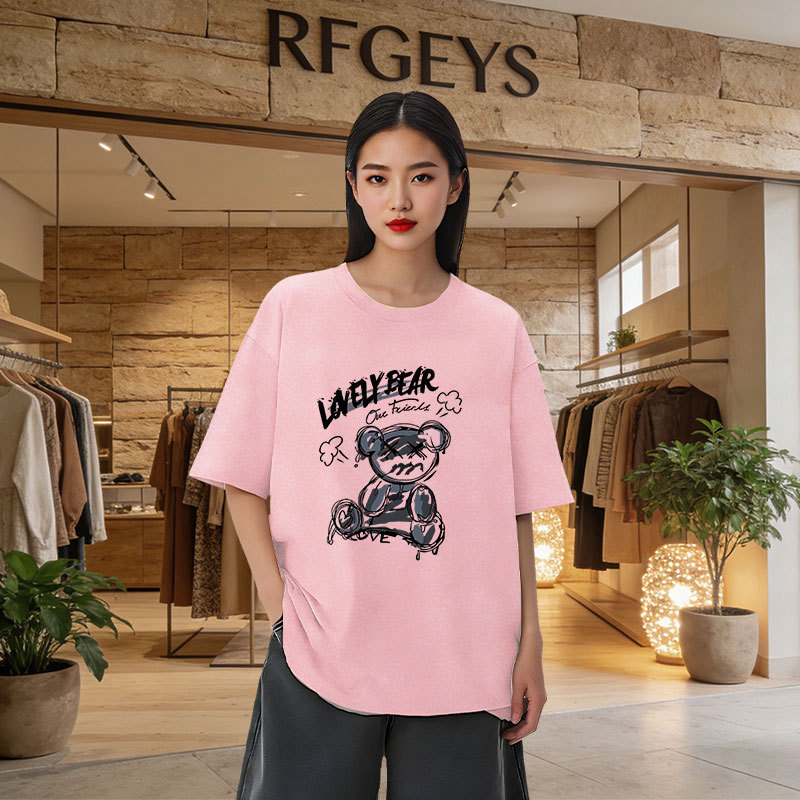 Ženski oversize kratkih rukava T‑shirt – korejski stil, otisak medvjeda, srednja duljina, okrugli izrez