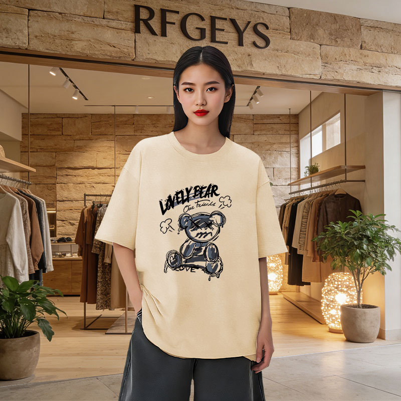 Ženski oversize kratkih rukava T‑shirt – korejski stil, otisak medvjeda, srednja duljina, okrugli izrez