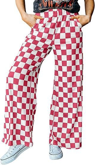 Pantaloni casual pentru femei cu imprimeu carouri, talie înaltă și croială largă, stil european și american.