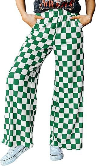 Pantaloni casual pentru femei cu imprimeu carouri, talie înaltă și croială largă, stil european și american.