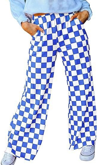 Pantaloni casual pentru femei cu imprimeu carouri, talie înaltă și croială largă, stil european și american.