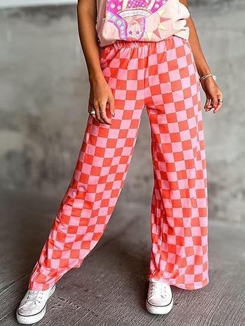 Pantaloni casual pentru femei cu imprimeu carouri, talie înaltă și croială largă, stil european și american.