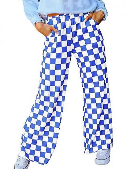 Pantaloni casual pentru femei cu imprimeu carouri, talie înaltă și croială largă, stil european și american.