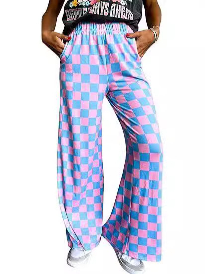 Pantaloni casual pentru femei cu imprimeu carouri, talie înaltă și croială largă, stil european și american.