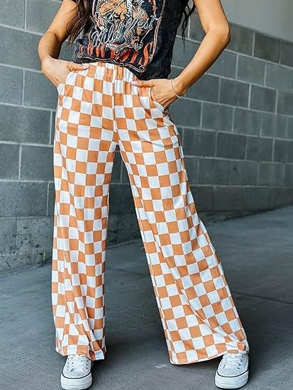 Pantaloni casual pentru femei cu imprimeu carouri, talie înaltă și croială largă, stil european și american.