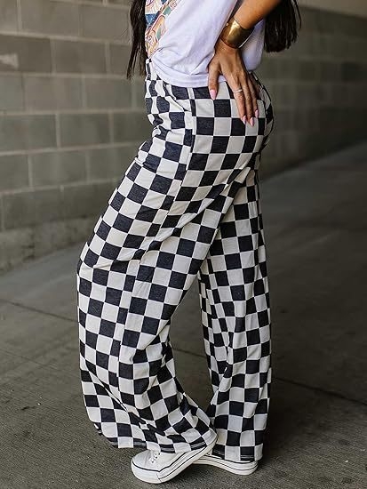 Pantaloni casual pentru femei cu imprimeu carouri, talie înaltă și croială largă, stil european și american.