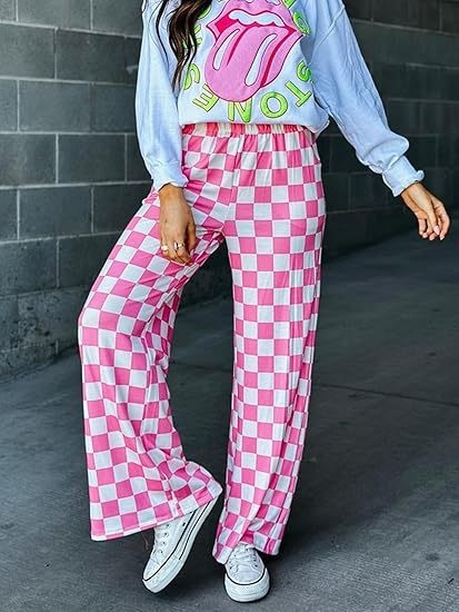 Pantaloni casual pentru femei cu imprimeu carouri, talie înaltă și croială largă, stil european și american.