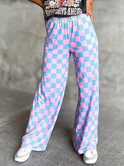 Pantaloni casual pentru femei cu imprimeu carouri, talie înaltă și croială largă, stil european și american.