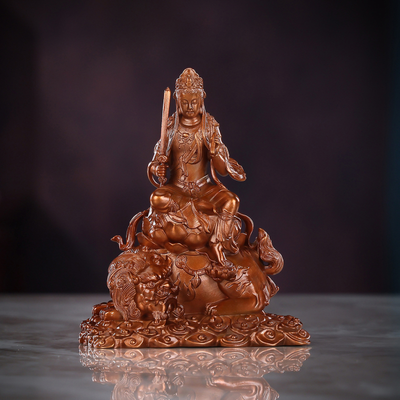 Bakrena statua Manjushri-Puxian u sjedećem položaju za dom i ured – mini Buddha ukras
