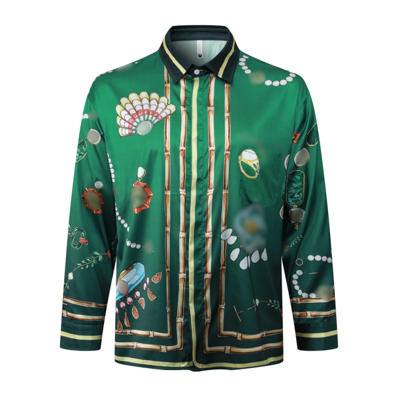 Vintage hosszú ujjú ing, európai–amerikai ihletésű, virágos mintával, selyemszerű drapírozás, nyaralós stílus