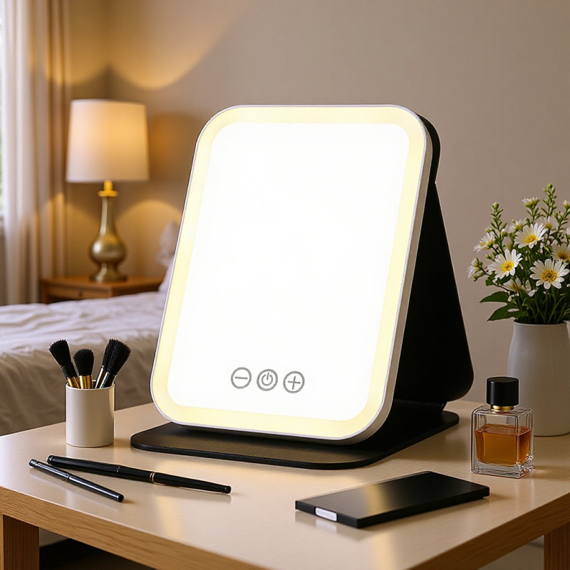 LED sminktükör világítással, hordozható, összecsukható asztali tükör otthonra és utazáshoz, üveg szépség tükör