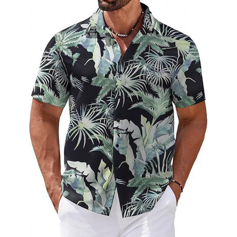 Férfi rövid ujjú ing 3D-s digitális virágmintával Hawaii-stílusban, poliészter.