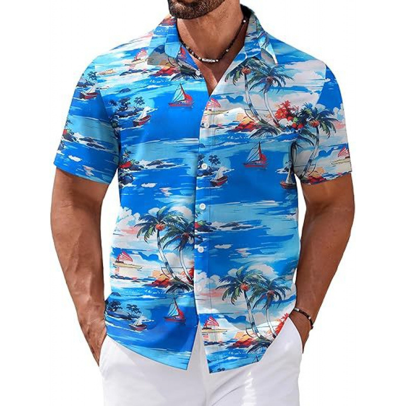 Férfi rövid ujjú ing 3D-s digitális virágmintával Hawaii-stílusban, poliészter.