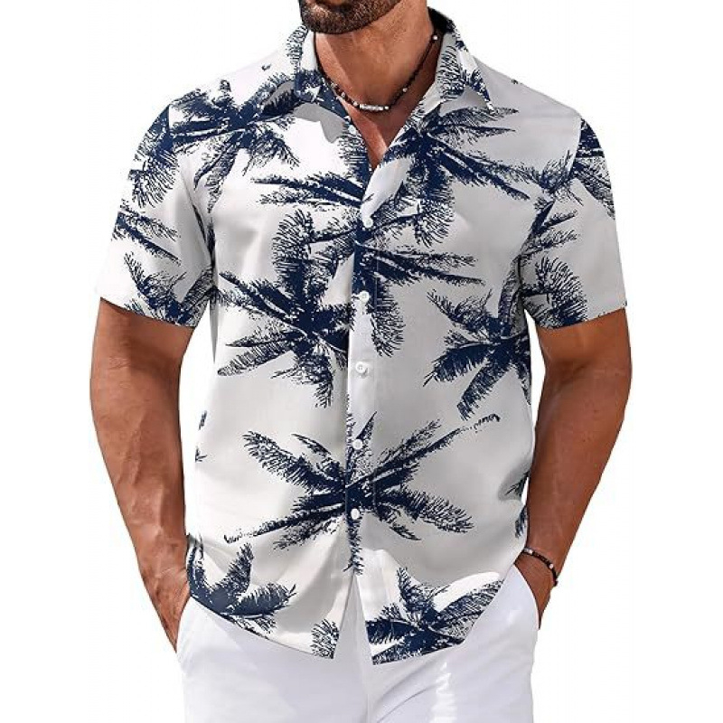 Férfi rövid ujjú ing 3D-s digitális virágmintával Hawaii-stílusban, poliészter.