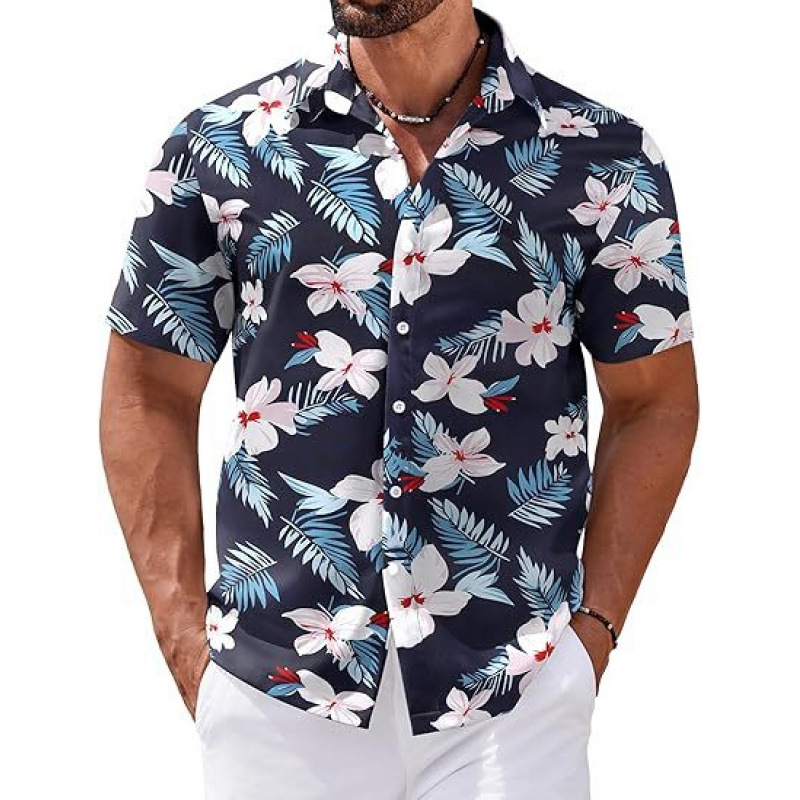 Férfi rövid ujjú ing 3D-s digitális virágmintával Hawaii-stílusban, poliészter.