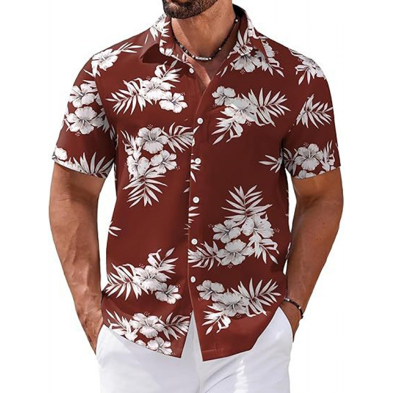 Férfi rövid ujjú ing 3D-s digitális virágmintával Hawaii-stílusban, poliészter.