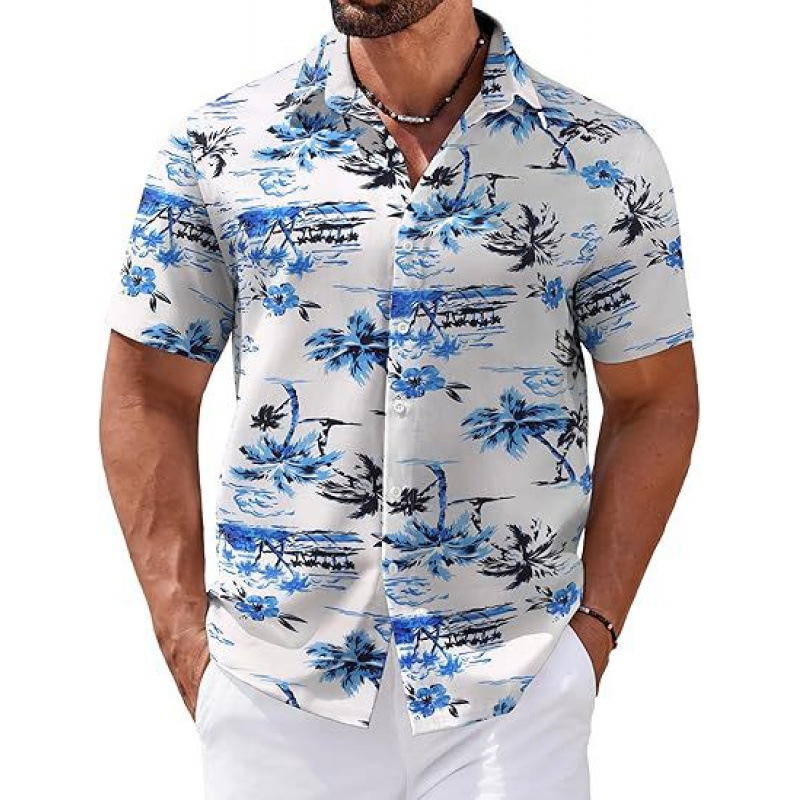 Férfi rövid ujjú ing 3D-s digitális virágmintával Hawaii-stílusban, poliészter.