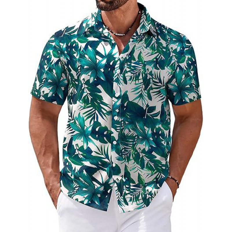 Férfi rövid ujjú ing 3D-s digitális virágmintával Hawaii-stílusban, poliészter.