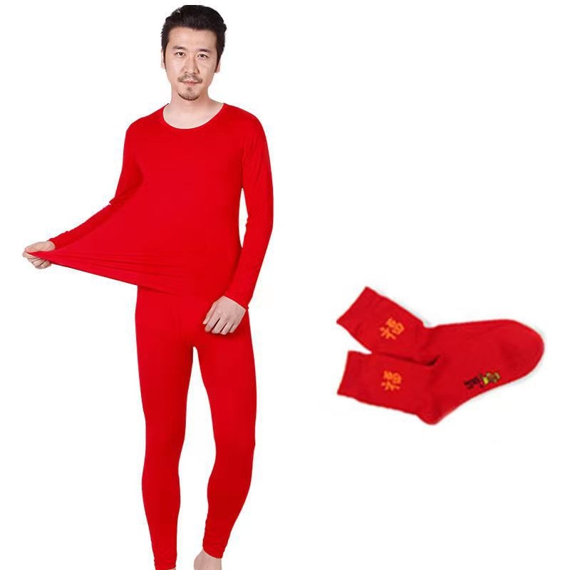 Crveni tanak set modalnog pamuka za jesen, unisex, gornji s dugim rukavima i hlače, okrugli izrez