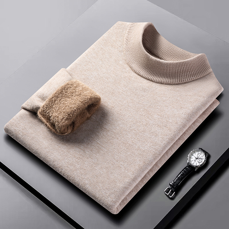 Férfi fél magas galléros pulóver fleece-béléssel, vast kötött, egyszínű