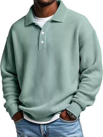 Férfi waffle mintázatú polo, gallér, slim fit, egyszínű, hosszú ujjú, ősz 2025