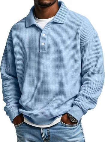Férfi waffle mintázatú polo, gallér, slim fit, egyszínű, hosszú ujjú, ősz 2025
