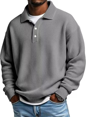 Férfi waffle mintázatú polo, gallér, slim fit, egyszínű, hosszú ujjú, ősz 2025